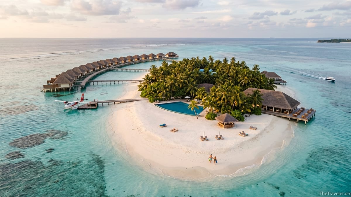 Aerial view of a Maldives island resort with overwater villas, beach and seaplane at sunset.