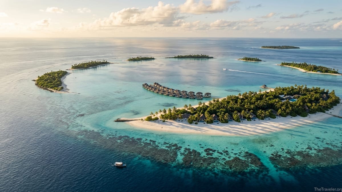 Aerial view of Maldivian atoll with overwater villas, beach and turquoise lagoon at golden hour.