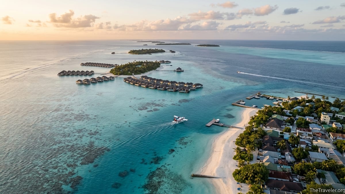 Aerial view of Maldives atolls showing resort islands, local islands and turquoise lagoons at sunset.
