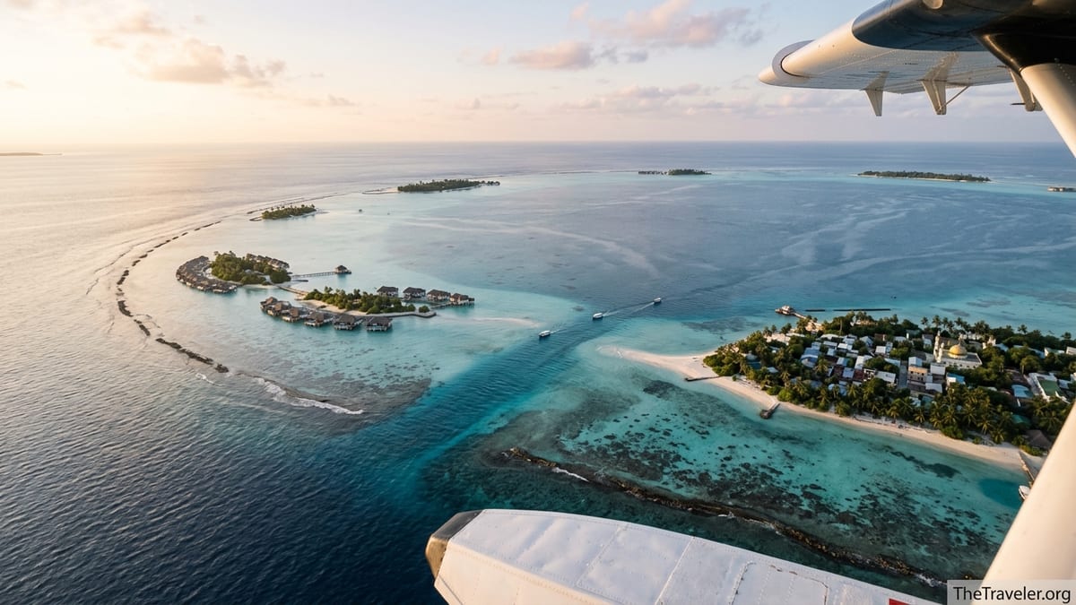 Aerial view of Maldives atoll with overwater villas, local island and turquoise lagoon at sunset.