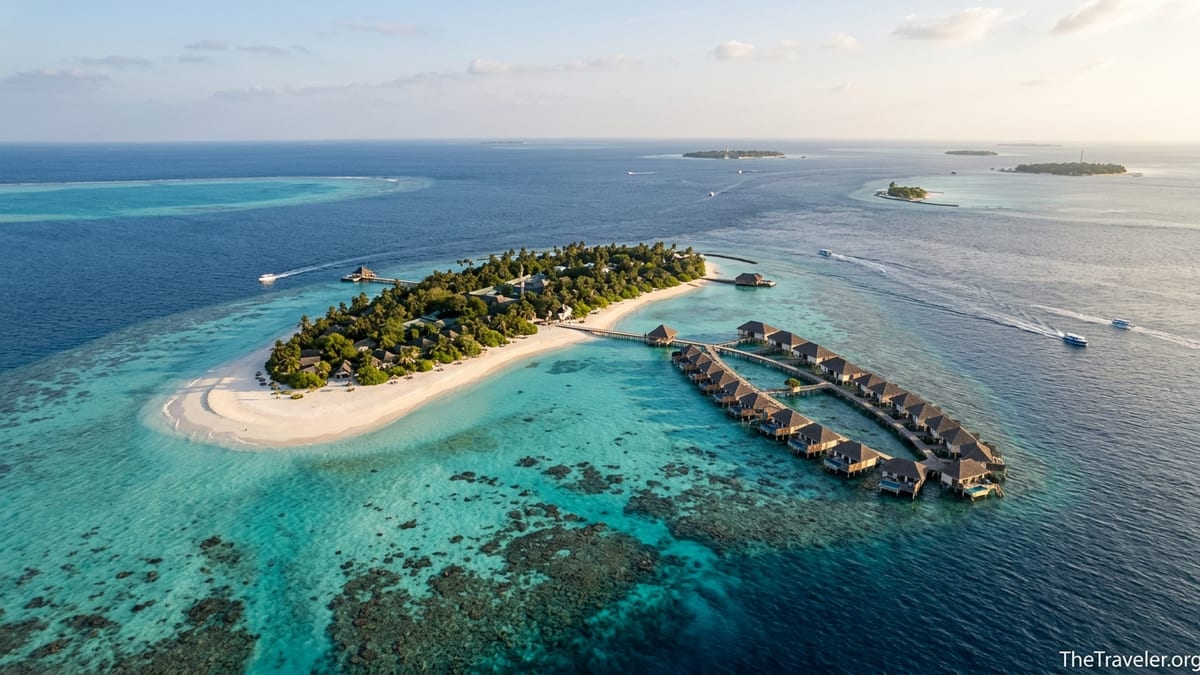 Aerial view of a Maldivian resort island near Malé with overwater villas and a speedboat in a turquoise lagoon.