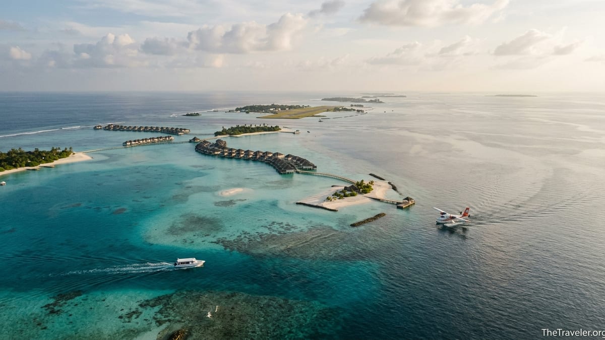Aerial view of Maldives atolls with a speedboat and seaplane near island resorts