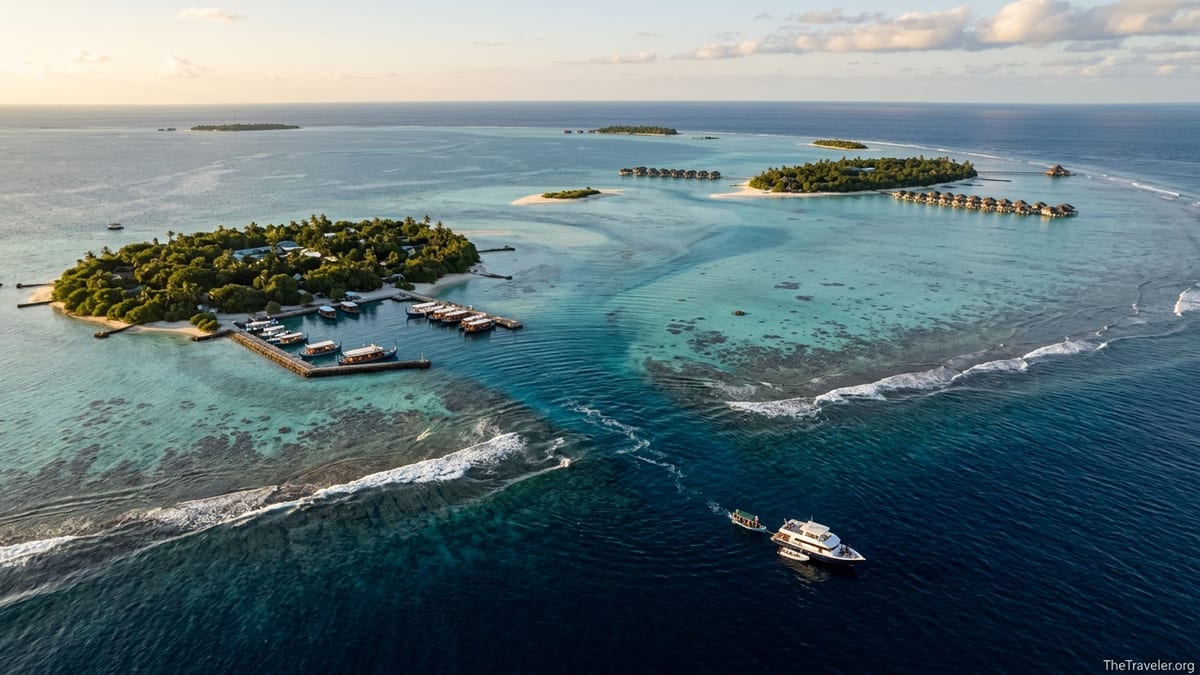 Aerial view of Maldivian atoll with reef channels, islands and a dive liveaboard at golden hour
