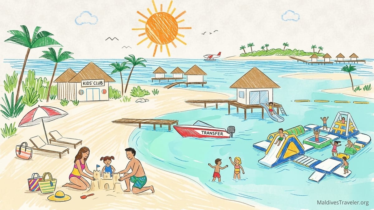 A Maldivian family resort island with shallow lagoon, beach villas and overwater bungalows at sunset.