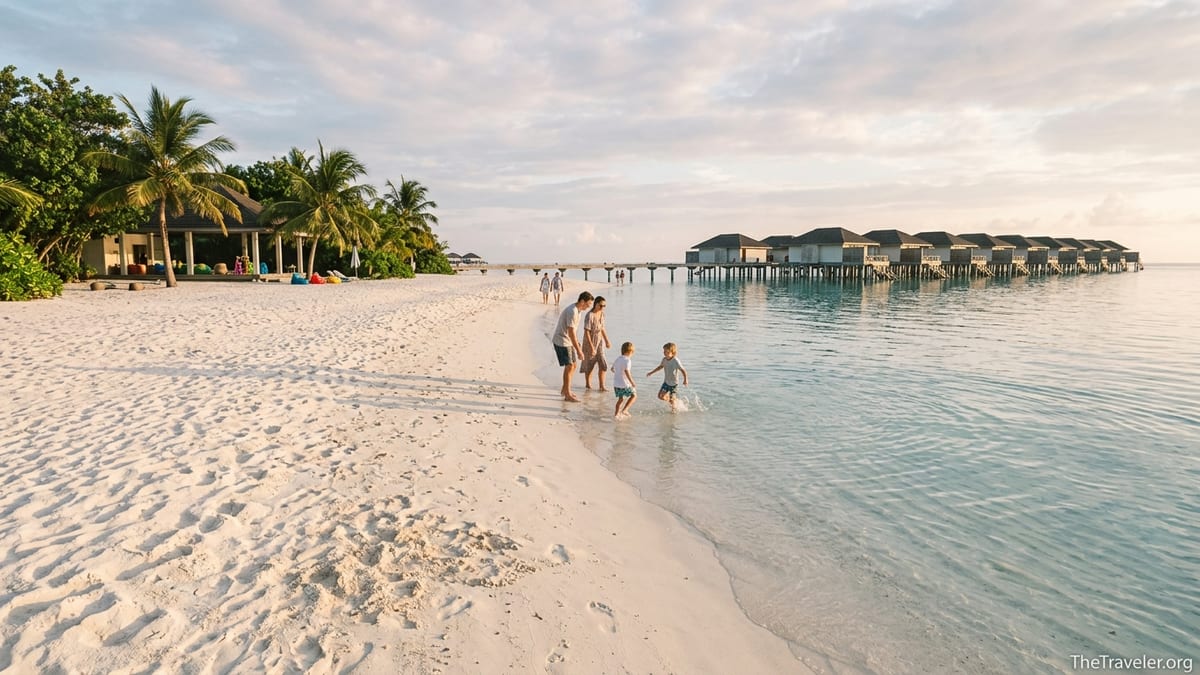 Family with children playing in a shallow Maldivian lagoon beside a beach resort at sunset.