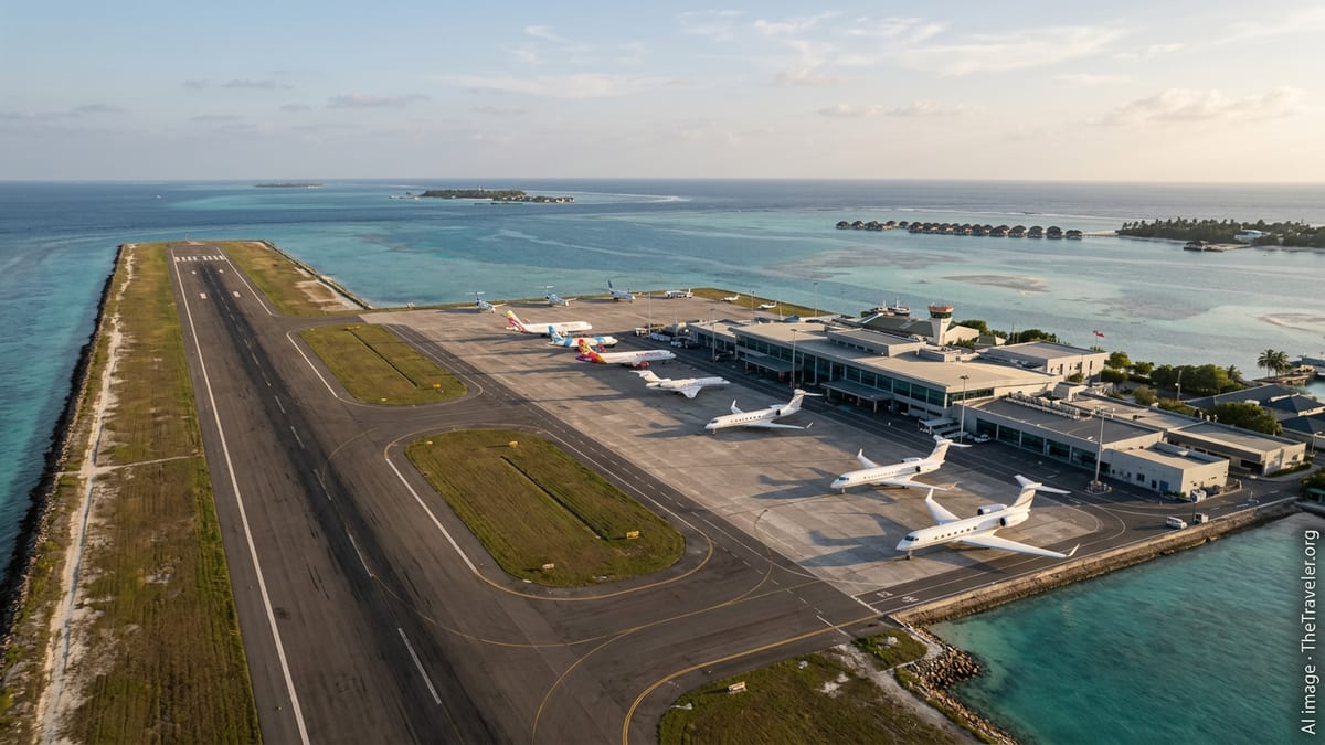 Aerial view of Velana International Airport with private jets and airliners surrounded by turquoise Maldivian waters.