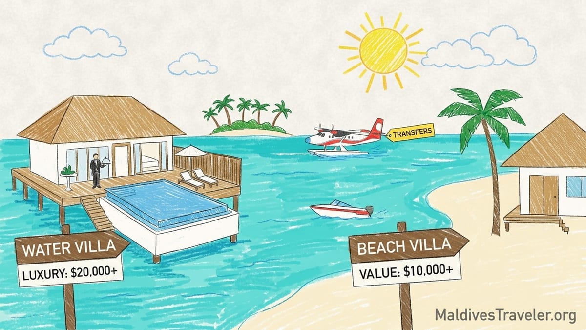 Couple relaxing on a Maldivian overwater villa deck with private pool at sunset