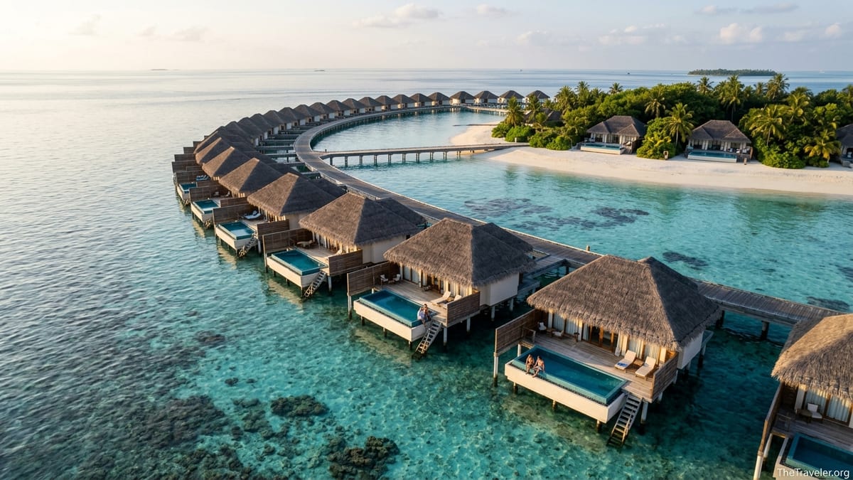 Aerial view of Maldives overwater villas with private pools and a small lush island at sunset.