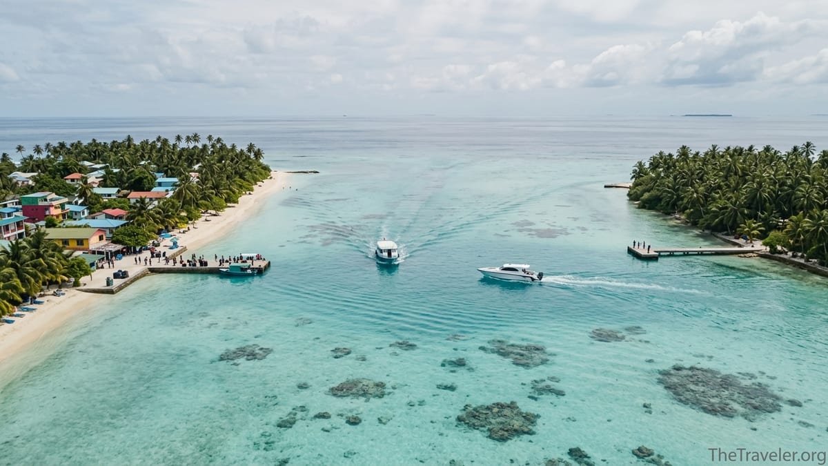A ferry and speedboat crossing turquoise Maldivian waters between two lush local islands.