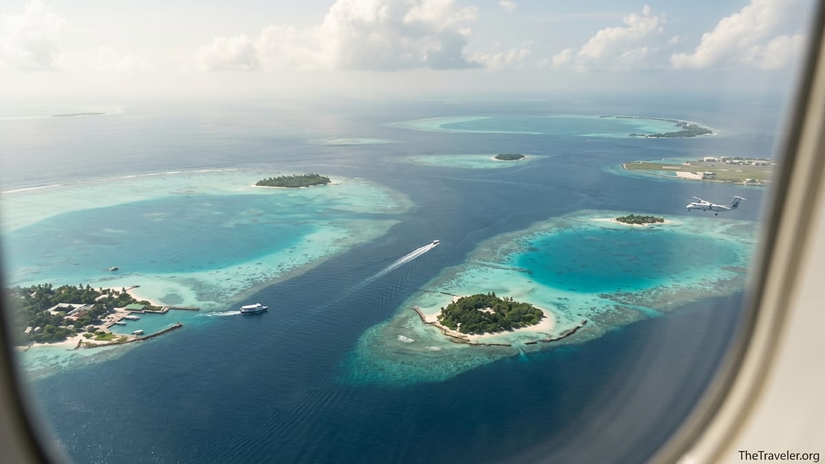 Aerial view of Maldivian islands with ferry, speedboat and plane showing transport routes.