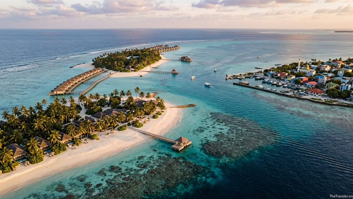 Aerial view of Maldivian resort and local islands separated by a turquoise lagoon at sunset.