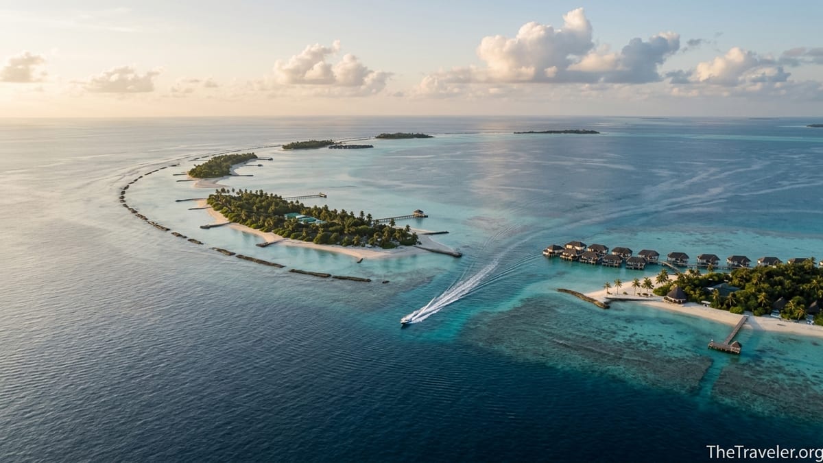 Aerial view of Maldives atoll with local island, resort and speedboat at sunset.