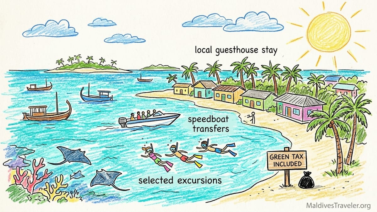 Aerial view of a Maldives local island with guesthouses and a nearby resort island linked by speedboats.