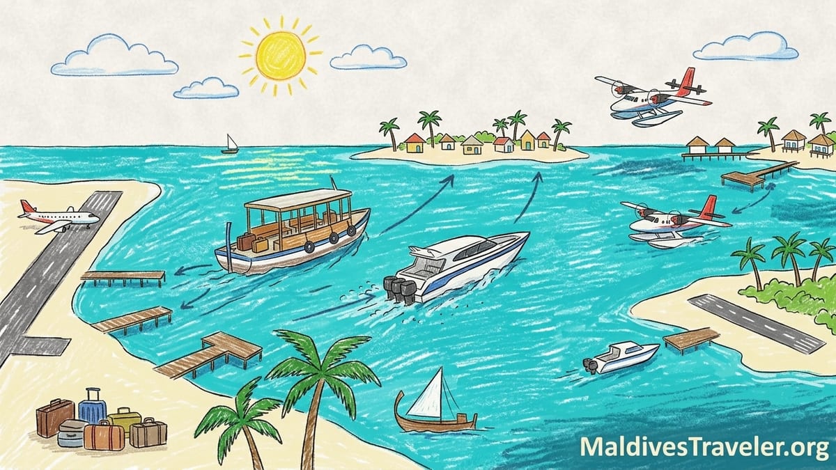 A speedboat leaves Velana Airport across turquoise water toward a Maldives local island with guesthouses and a small ferry at