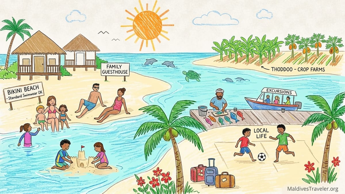 A Maldivian local island with a wide lagoon, long white-sand beach and family-friendly village shoreline.