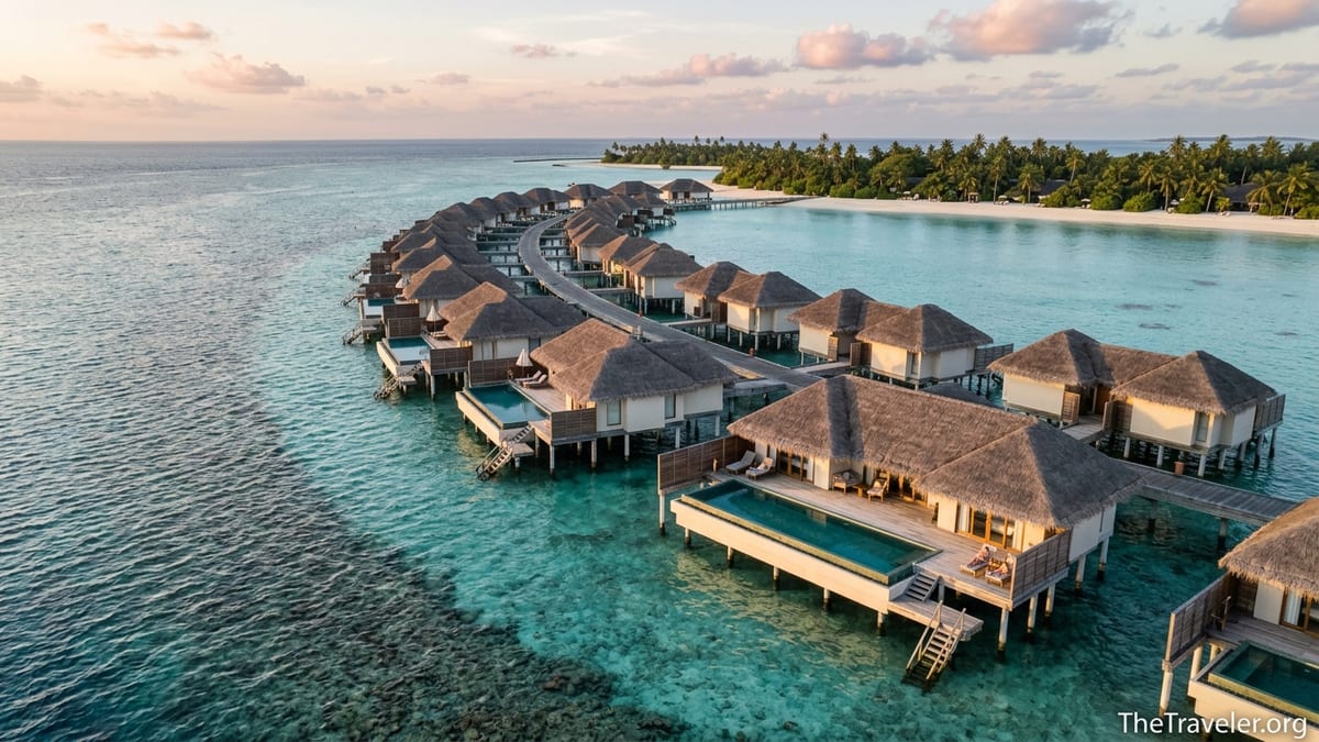 Aerial view of Maldivian overwater villas with private pools over a turquoise lagoon at sunset.