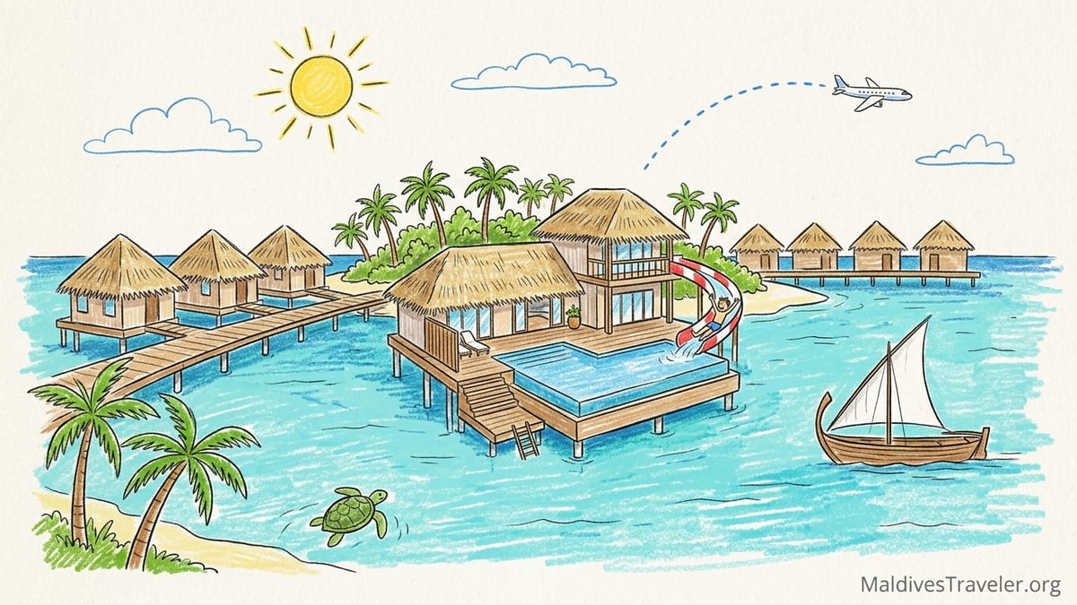 Overwater villas in the Maldives with private pools over a turquoise lagoon at sunset.