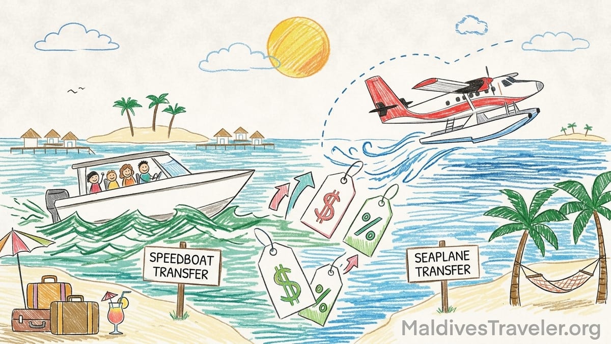 Aerial view of Maldivian resort islands with seaplanes and a speedboat in turquoise lagoons.