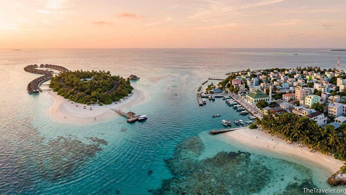 Aerial view of a Maldivian resort island beside a local island at sunset.