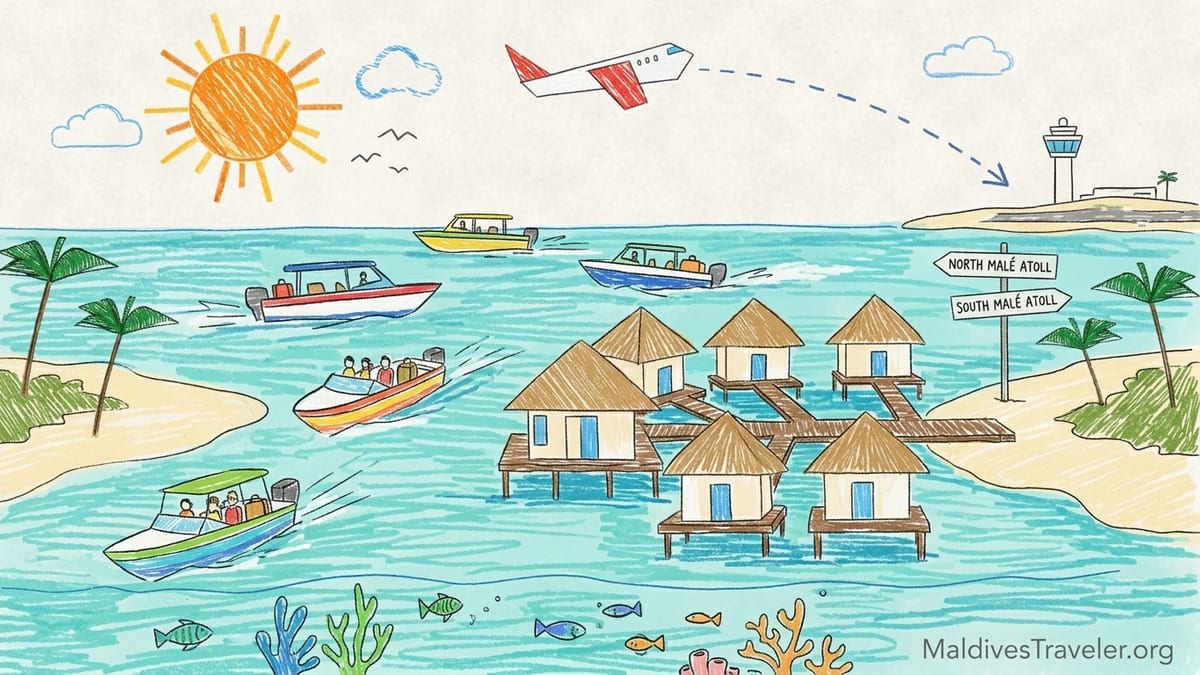 A Maldives resort island near Malé with overwater villas and a speedboat approaching over turquoise water.