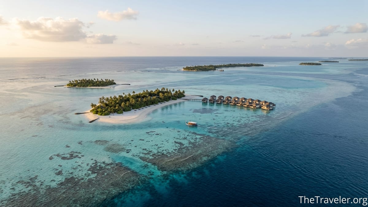 Aerial view of a Maldives atoll with overwater villas, white-sand beach and turquoise lagoon at sunset.