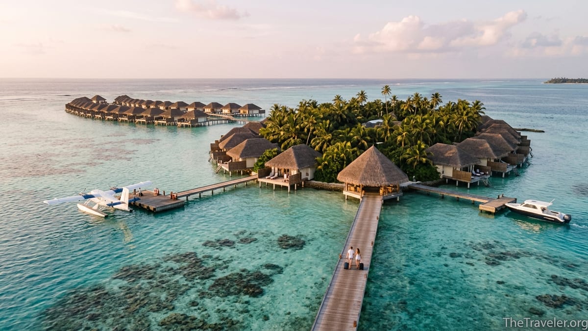 Aerial view of a Maldives island resort with overwater villas, seaplane and speedboat at sunset.