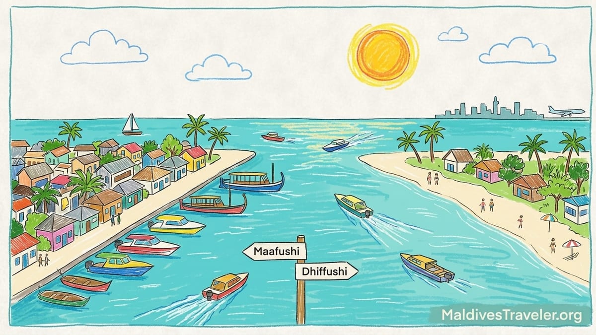 Aerial view of Malé-area local islands with turquoise lagoons and speedboats approaching guesthouse-lined shores.