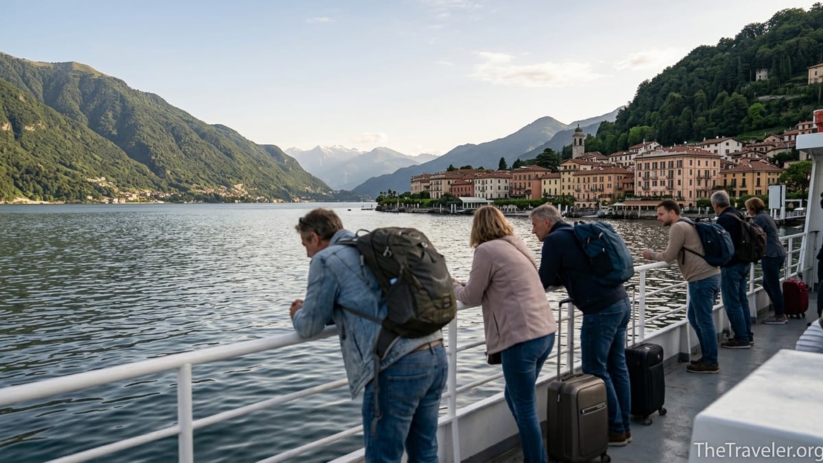 Ferry approaching Bellagio on Lake Como with travelers and mountains in late afternoon light.