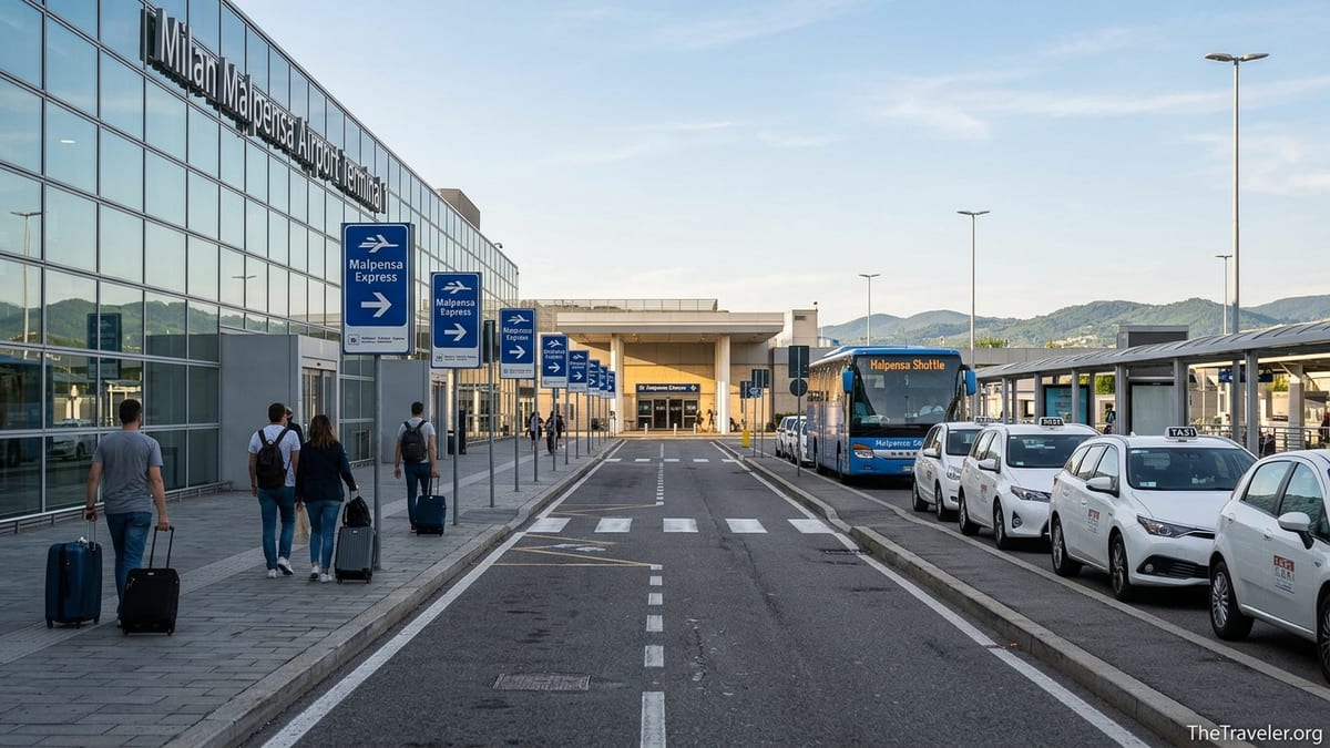 Travelers outside Milan Malpensa Airport choosing between train, bus and taxi into Milan