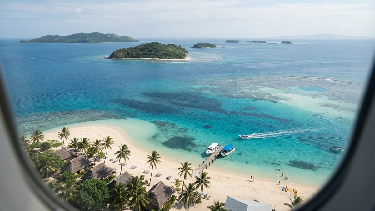 Aerial view of Mamanuca Islands in Fiji with scattered resort bungalows and clear lagoon. 