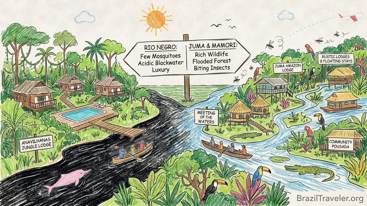 Amazon jungle lodge near Manaus with wooden bungalows along a forested river