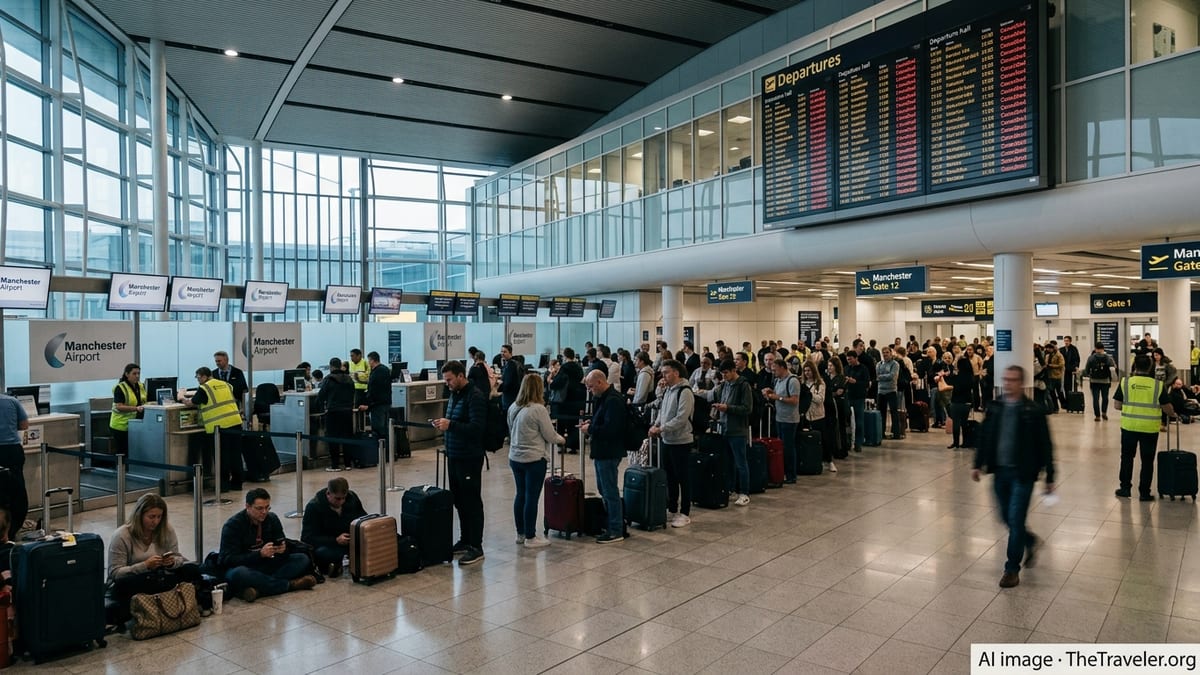 Crowded Manchester Airport departures hall with long queues and multiple cancelled flights on the departure board.