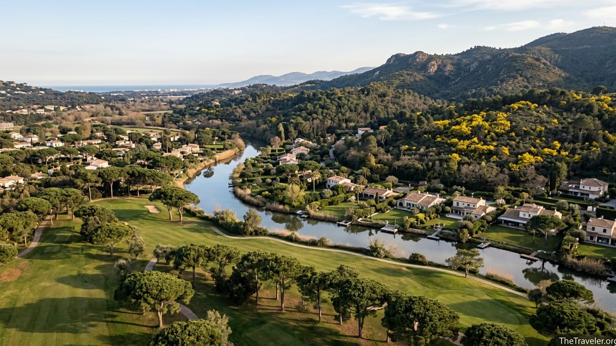 Aerial view of Mandelieu la Napoule showing golf course, River Siagne and forested Tanneron hills beyond the coast.