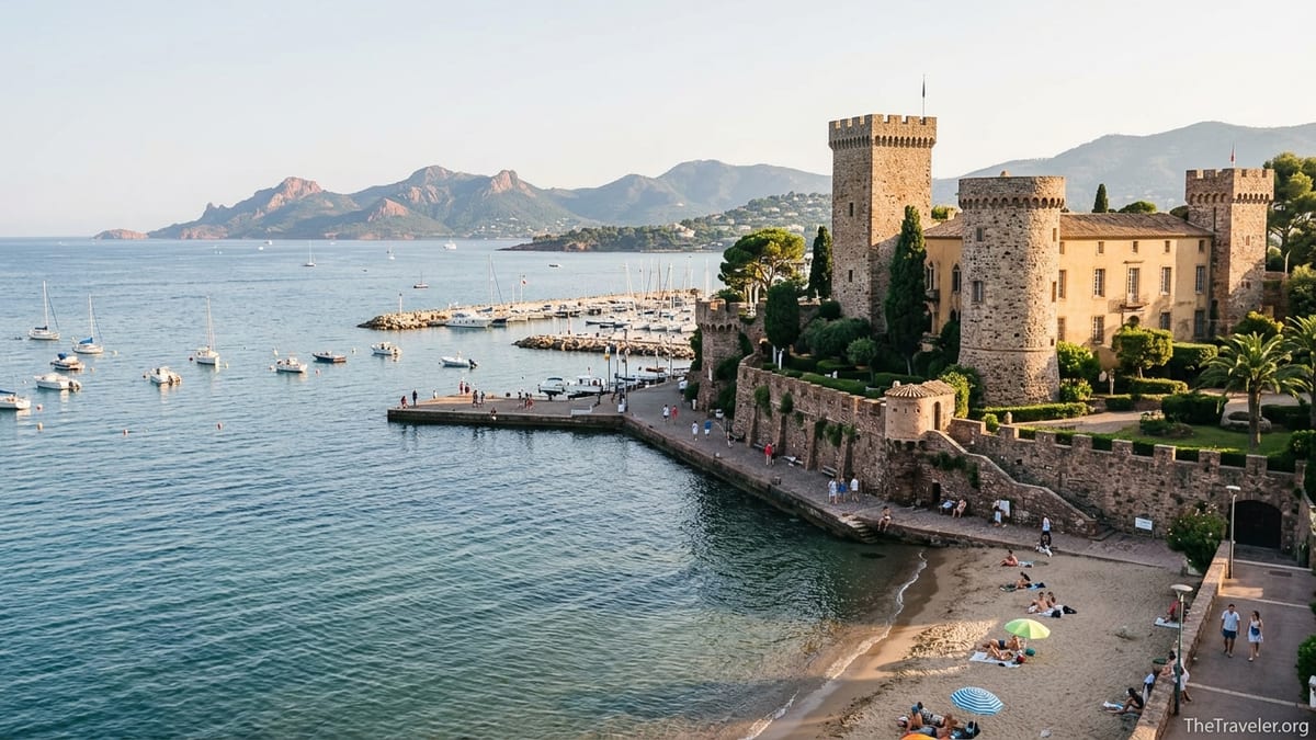 Seafront view of Château de la Napoule and beach in Mandelieu la Napoule near Cannes.
