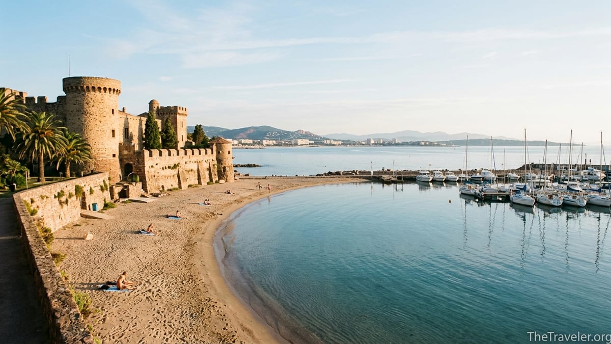 View of Mandelieu-la-Napoule castle, beach and marina on a calm sunny morning.
