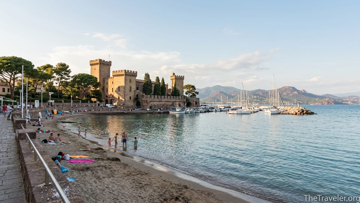 View of Mandelieu la Napoule castle and sandy beach with calm sea and Esterel hills at sunset.