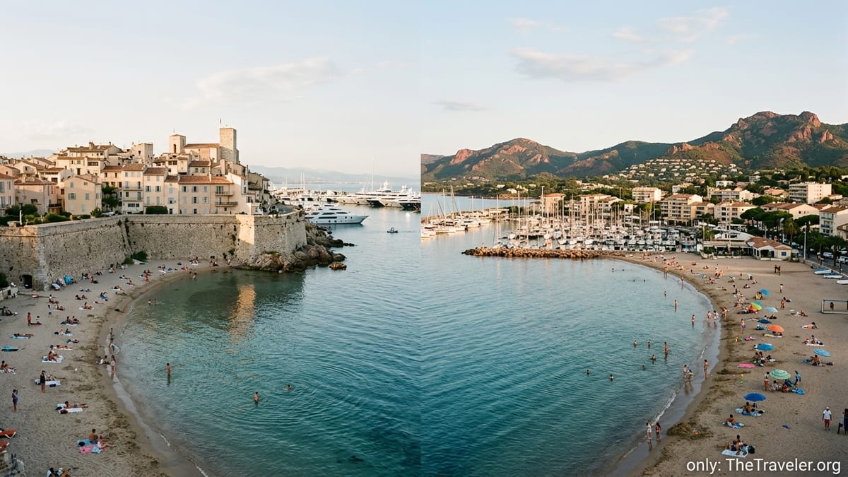 Aerial golden-hour view of Antibes ramparts and Mandelieu la Napoule marinas on the French Riviera coast.
