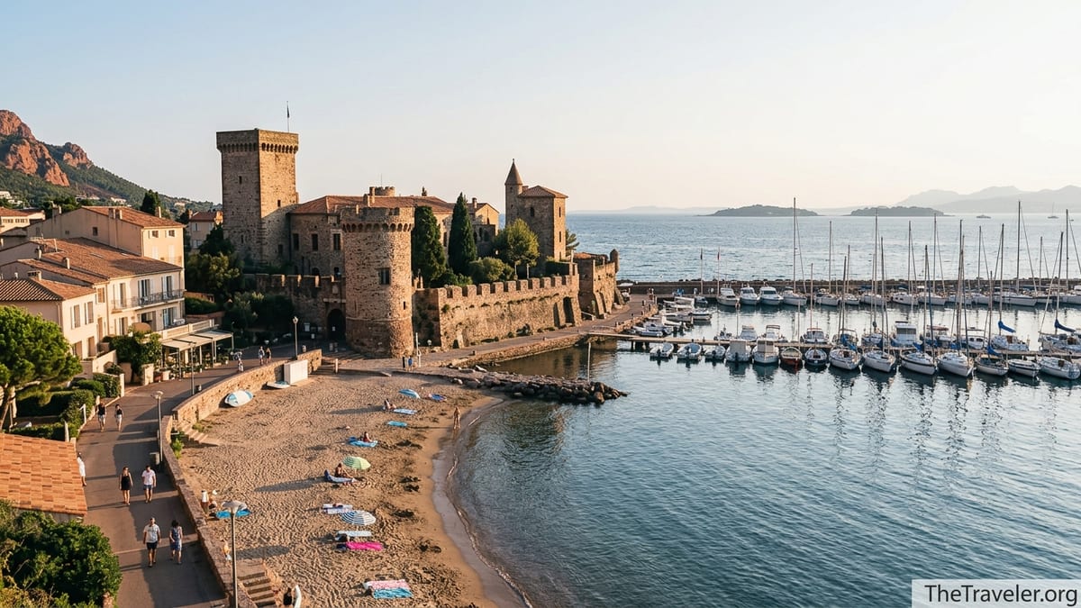 View over Mandelieu la Napoule showing Château de la Napoule, sandy beach and marina at golden hour.