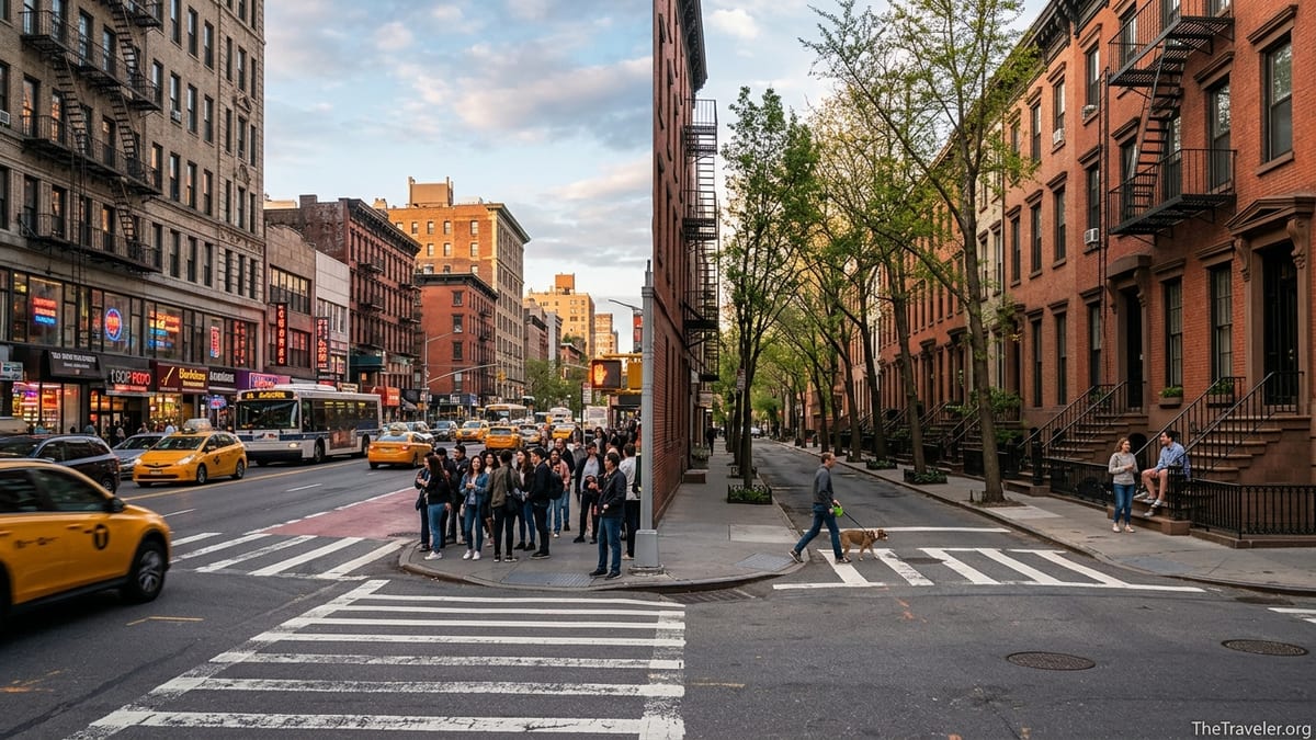 Intersection in Manhattan where a busy avenue meets a quiet, tree-lined side street at golden hour.