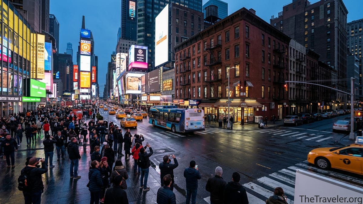 Times Square at blue hour with glowing billboards and a side street leading to quieter brick buildings.
