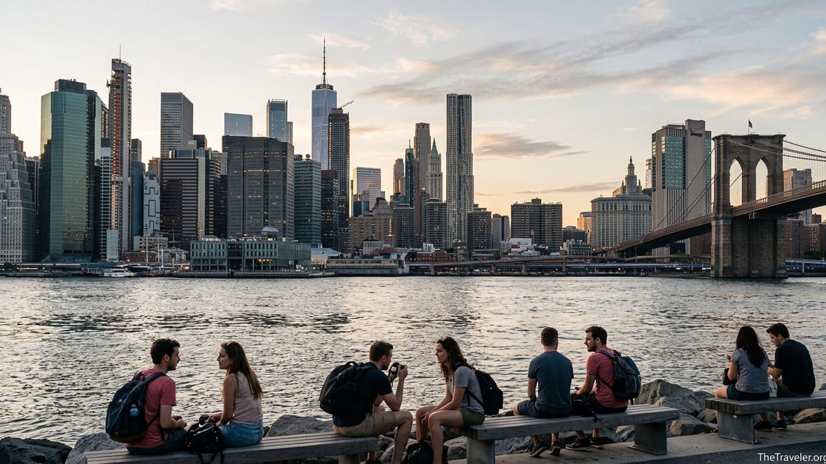View of Manhattan skyline and Brooklyn Bridge from Brooklyn waterfront at sunset with travelers in foreground.