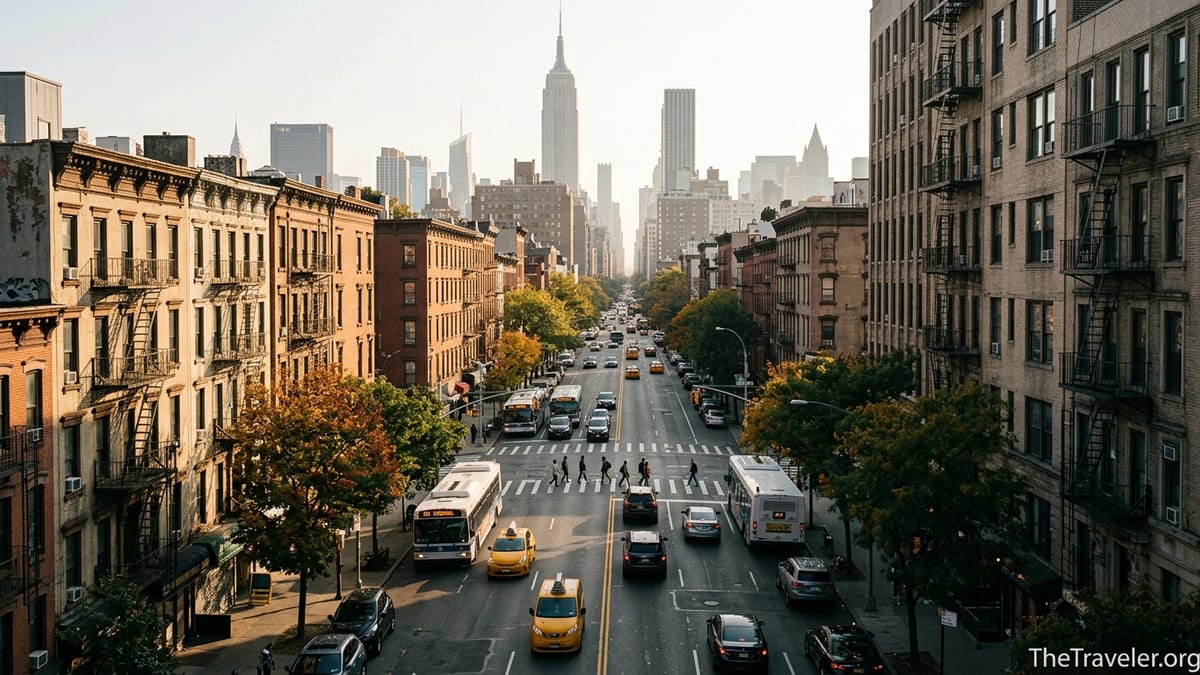 Street level view of a Manhattan avenue at golden hour with taxis, buses, and the skyline in the distance.