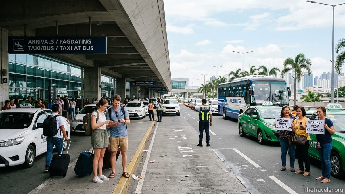Arriving passengers outside Manila NAIA Terminal 3 choosing taxis, Grab cars and airport bus.