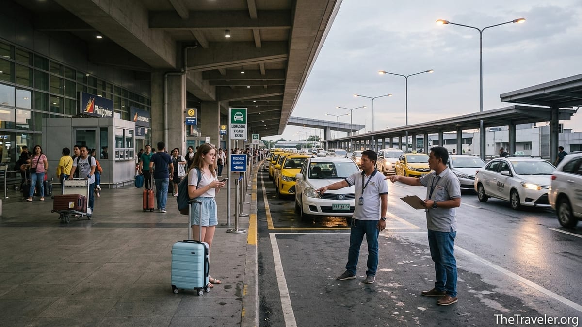 Arriving passengers outside Manila NAIA Terminal 3 choosing between official taxis and unofficial drivers.