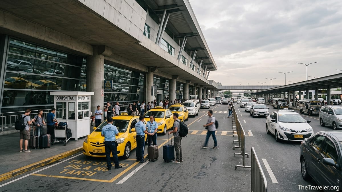 Passengers queue for yellow airport taxis and coupon taxis outside Manila NAIA Terminal 3 arrivals.