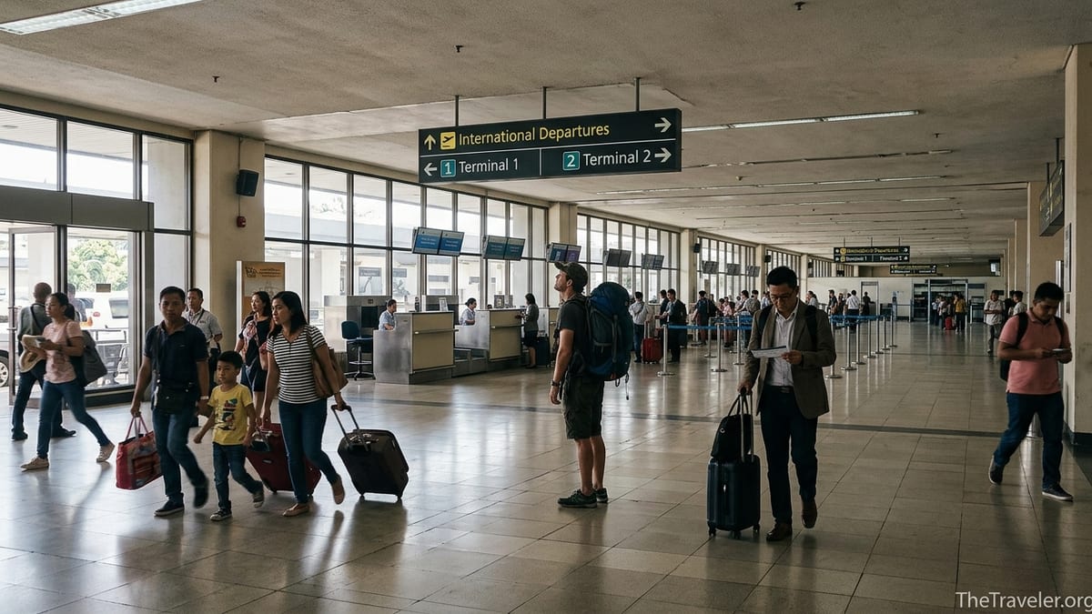 Travelers walking from domestic arrivals toward international departures signs at Manila NAIA airport.