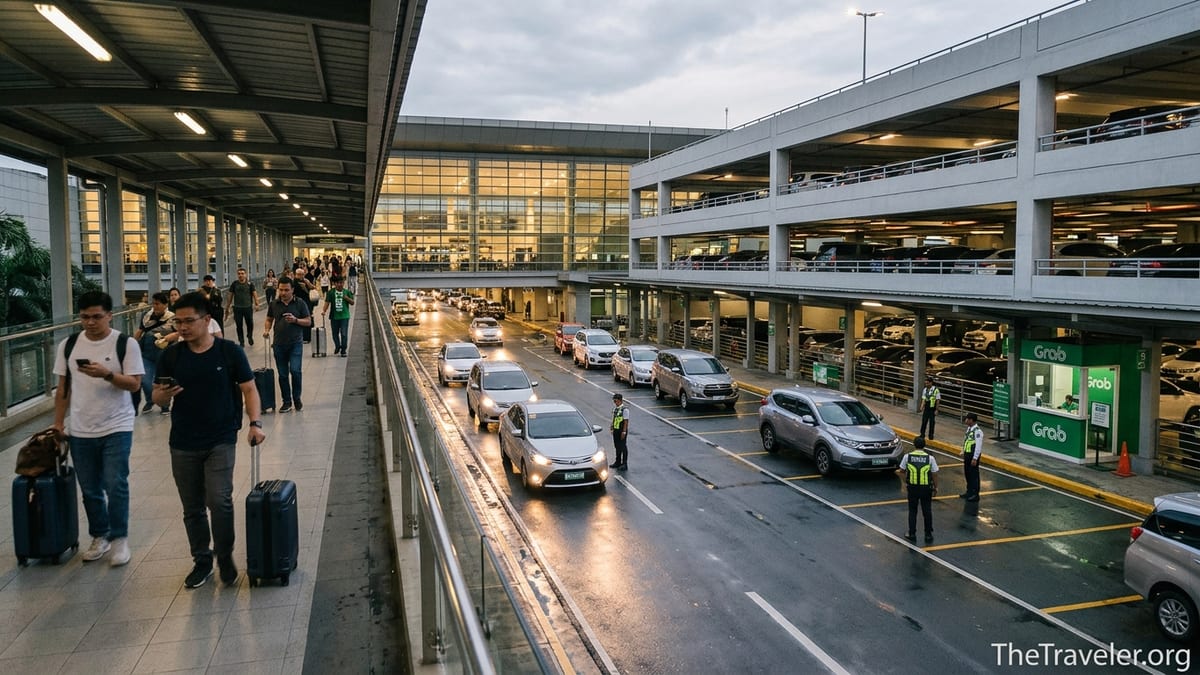 Travelers walking toward the Grab pickup hub at NAIA Terminal 3 multi-level parking in Manila at dusk.