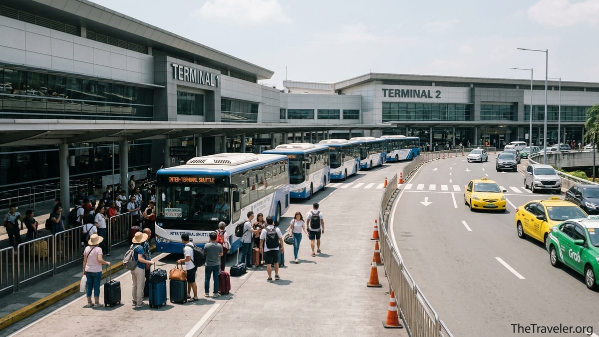 Passengers boarding the free inter-terminal shuttle bus outside Manila NAIA terminals.