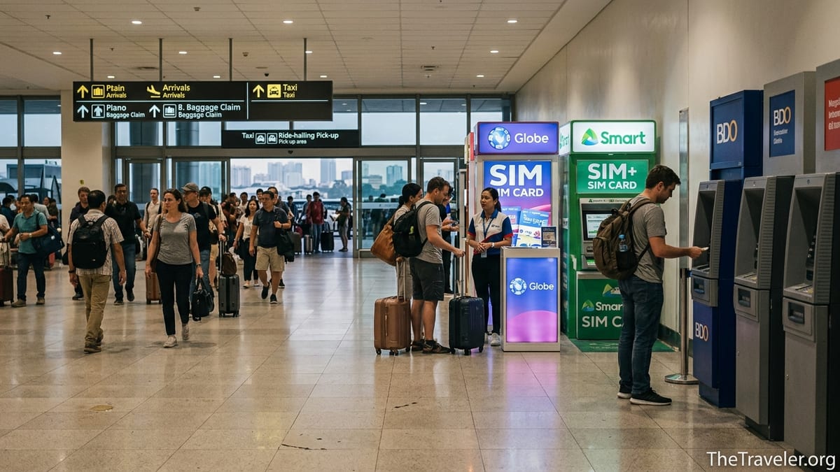 Arrivals hall at Manila NAIA Terminal 3 with SIM kiosks, ATMs, and travelers.