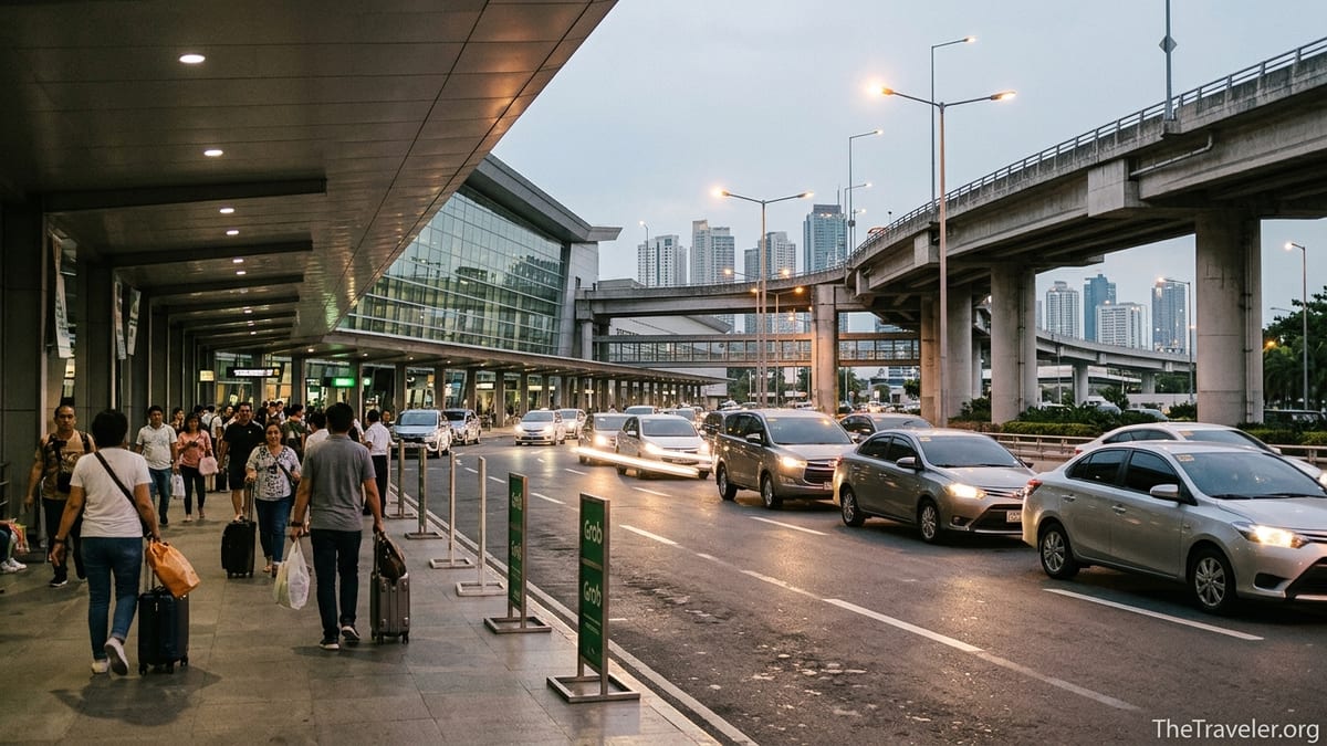 Passengers leaving Manila’s NAIA Terminal 3 toward ride-hailing cars bound for BGC.